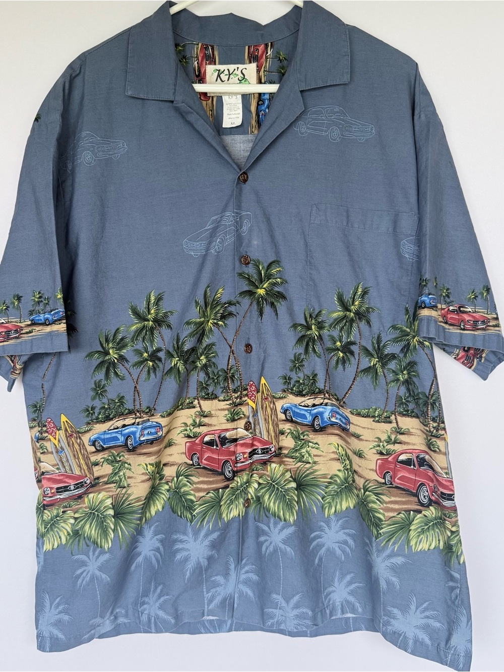 Kys Blue Aloha Cars Beach Party AOP Camp Shirt Made in Hawaii Cotton XL